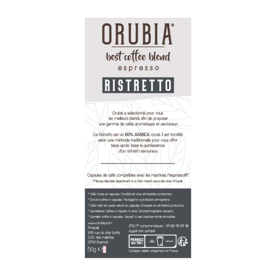 Capsule Nespresso Compatible Café Orubia Ristretto 100% Arabica Intensité 10 - 10 capsules