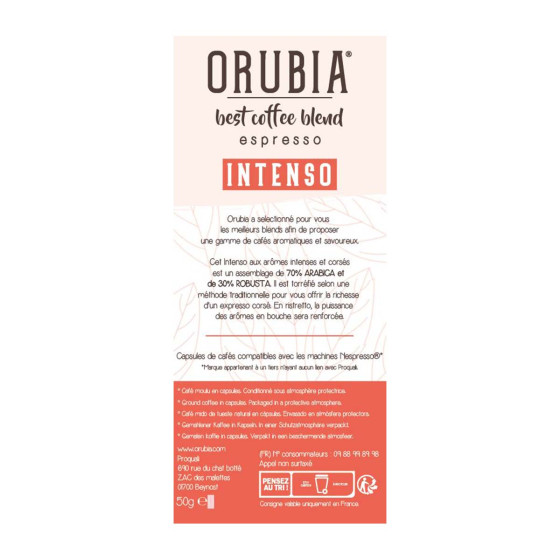 Capsule Nespresso Compatible Café Orubia Intenso 70% Arabica Intensité 9 - 120 capsules
