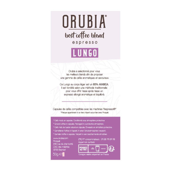 Capsule Nespresso Compatible Café Orubia Lungo 100% Arabica Intensité 6 - 120 capsules