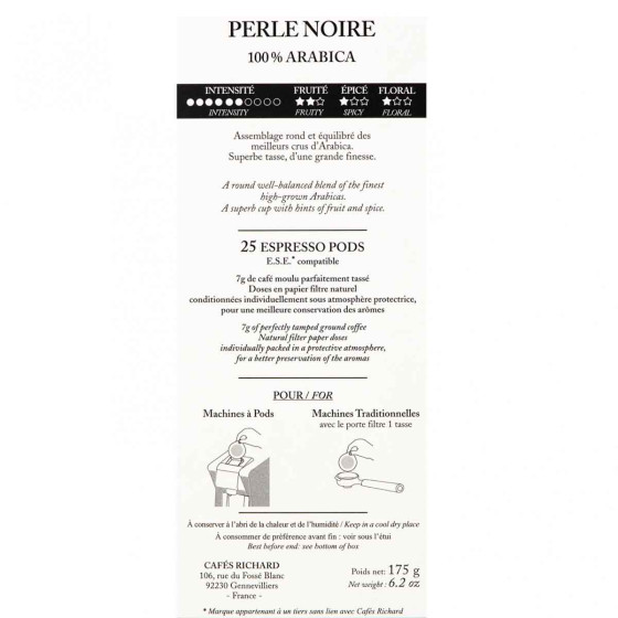 Dosette ESE Cafés Richard Perle Noire 100% Arabica - 25 dosettes emballées individuellement