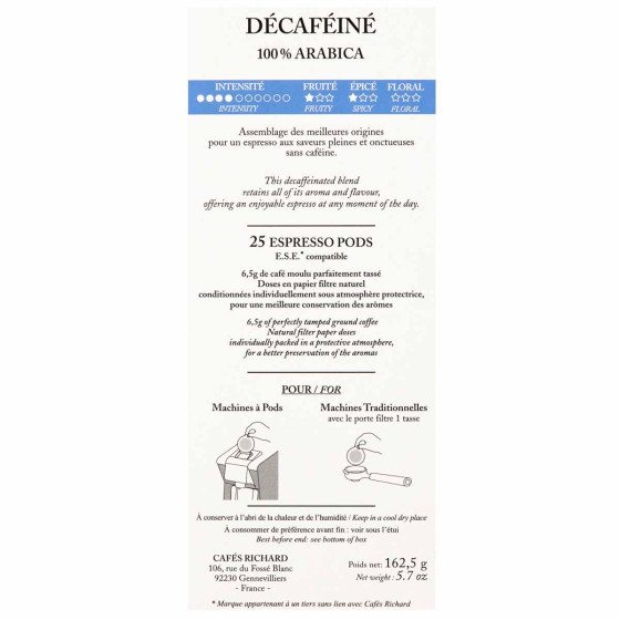 Dosette ESE Cafés Richard Décaféiné 100% Arabica - 3 boites - 75 dosettes emballées individuellement