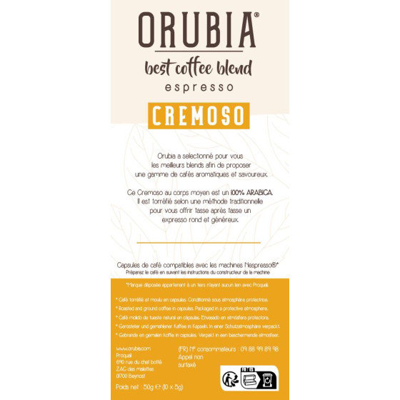 Capsule Nespresso Compatible Café Orubia Cremoso 100% Arabica Intensité 7 - 10 capsules