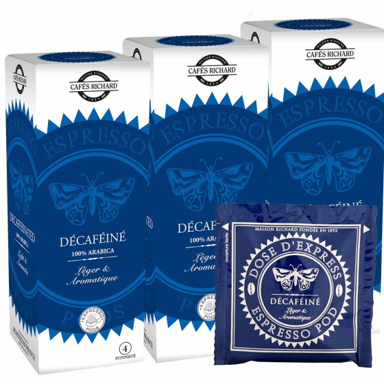 Dosette ESE Cafés Richard Décaféiné 100% Arabica - 3 boites - 75 dosettes emballées individuellement
