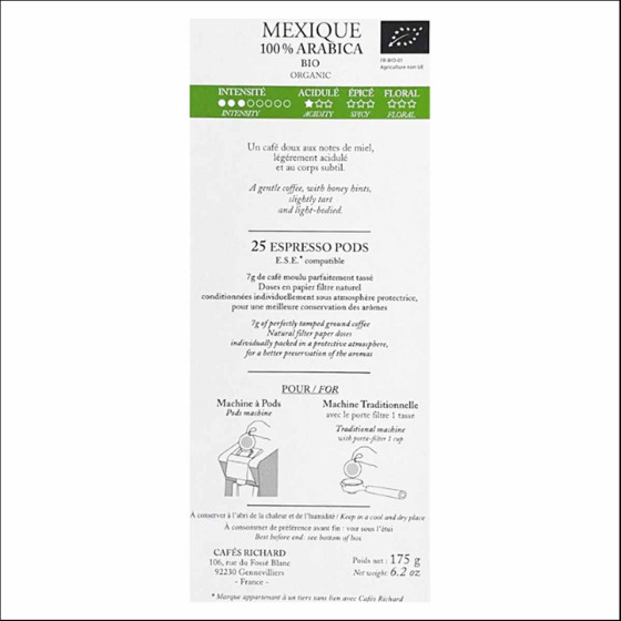 Dosette ESE Bio Cafés Richard Mexique - 3 boites - 75 dosettes emballées individuellement