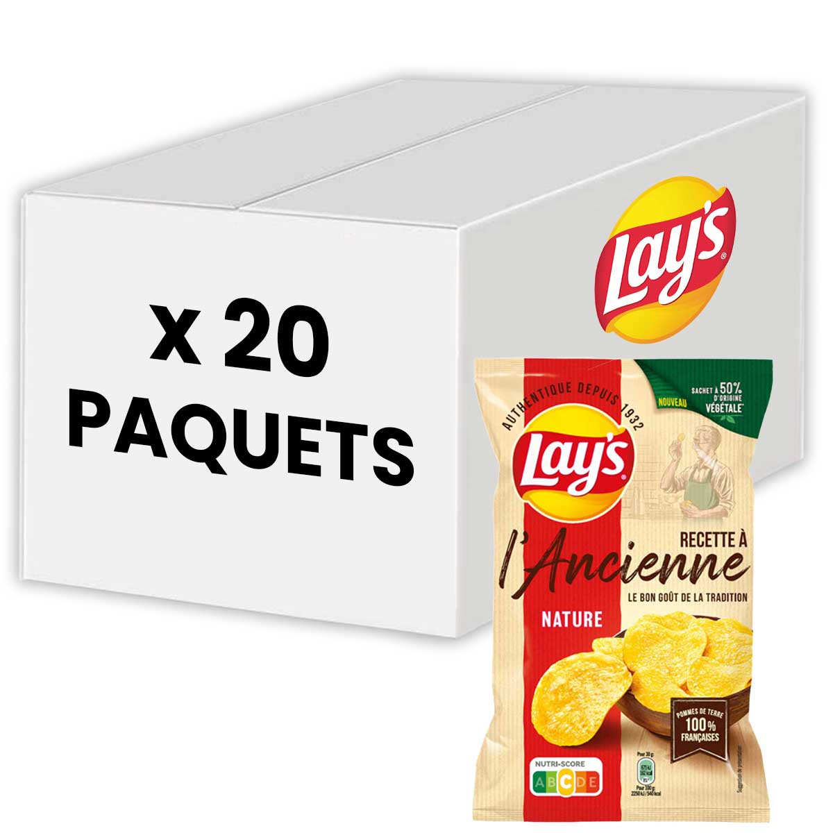 Biscuits Apéritif - Chips Lay's Nature à l'Ancienne 45g - 20 Paquets
